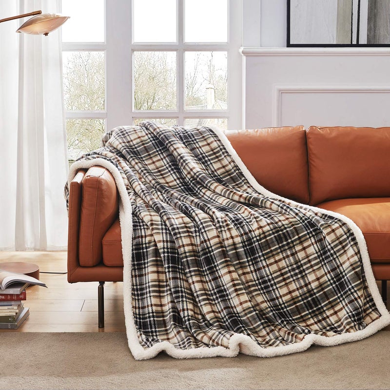 Touchat Sherpa Plaid Throw Blanket, 60" X 70"Fuzzy Fluffy Cozy Soft Blanket, Fleece Flannel Plush Twin Size Microfiber Blanket for Couch Bed Sofa (Brown) - Image 2